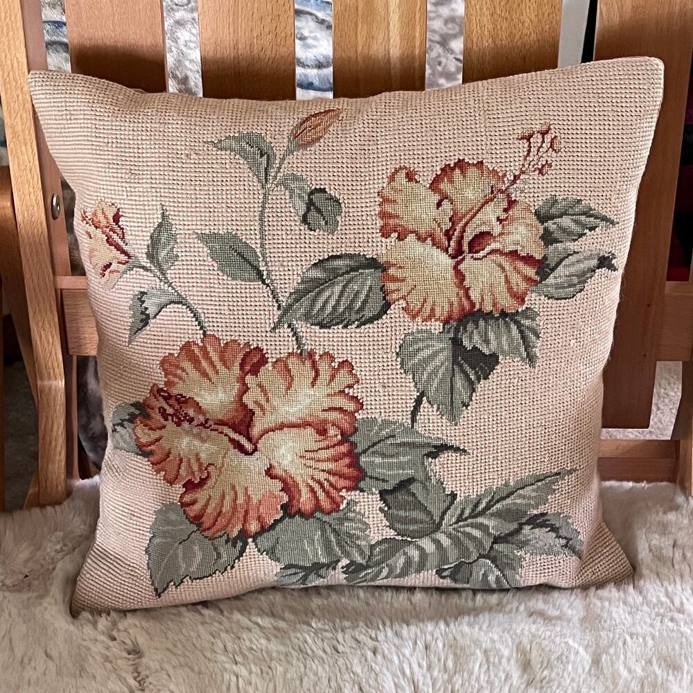 Tommy Bahama Needlepoint Pillow Orange Hibiscus Floral Leaves Tropical Neutral